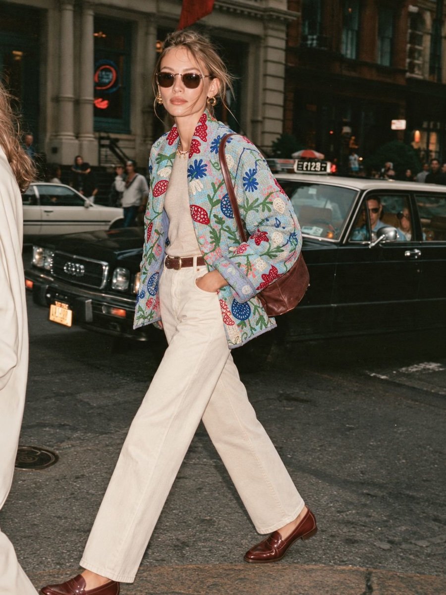 Fotografía de moda: mujer con chaqueta bordada de flores cruzando una calle de la ciudad
