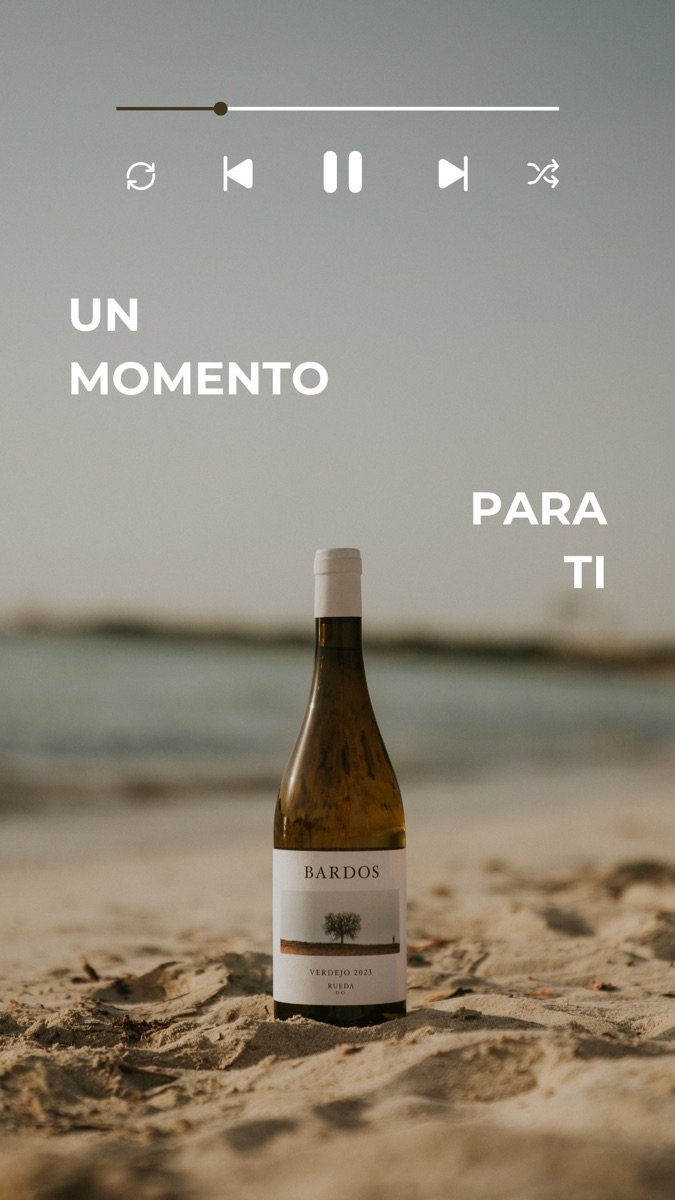 Story de anuncio: botella de vino Bardos en la playa con interfaz de reproductor y el texto «Un momento para ti»